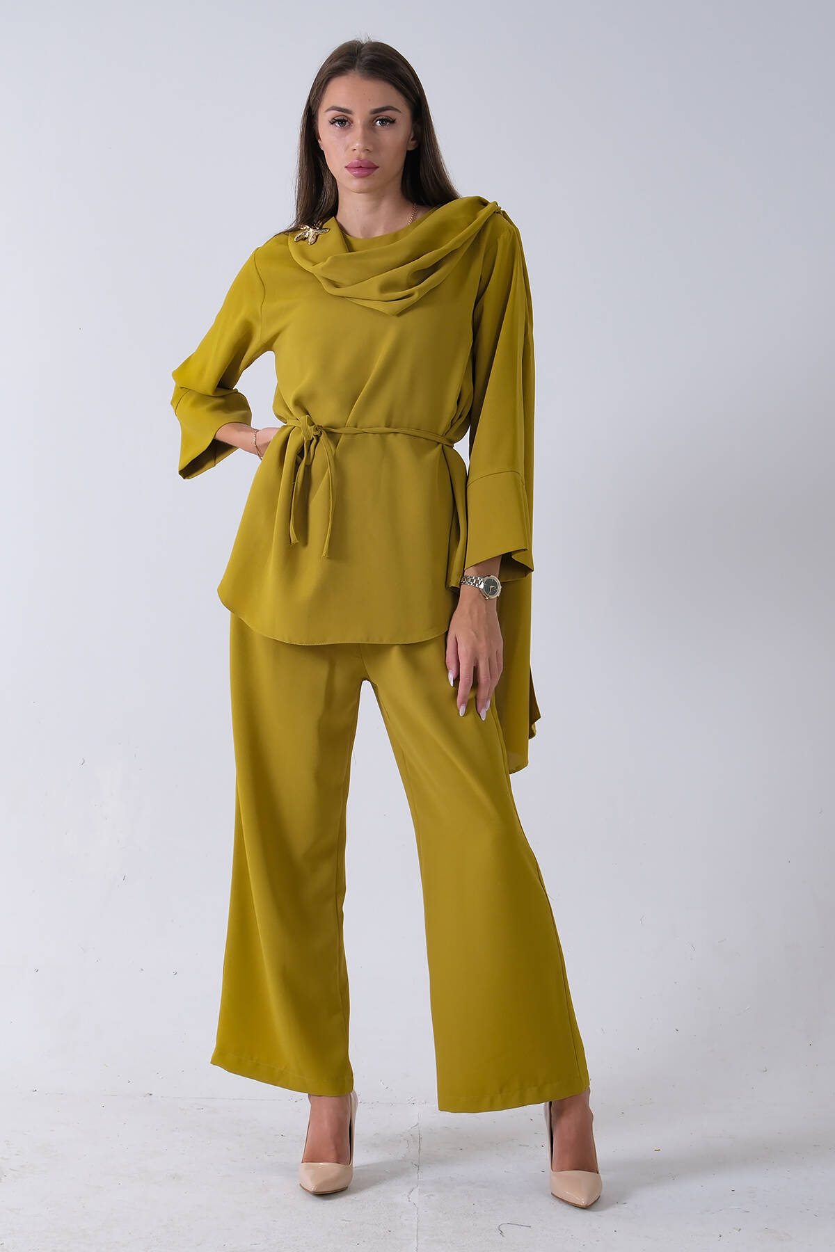 Fıstık Şal Yaka Üzeri Broş Detaylı Pantolonlu Takım 4592270.22 - Ardanewline