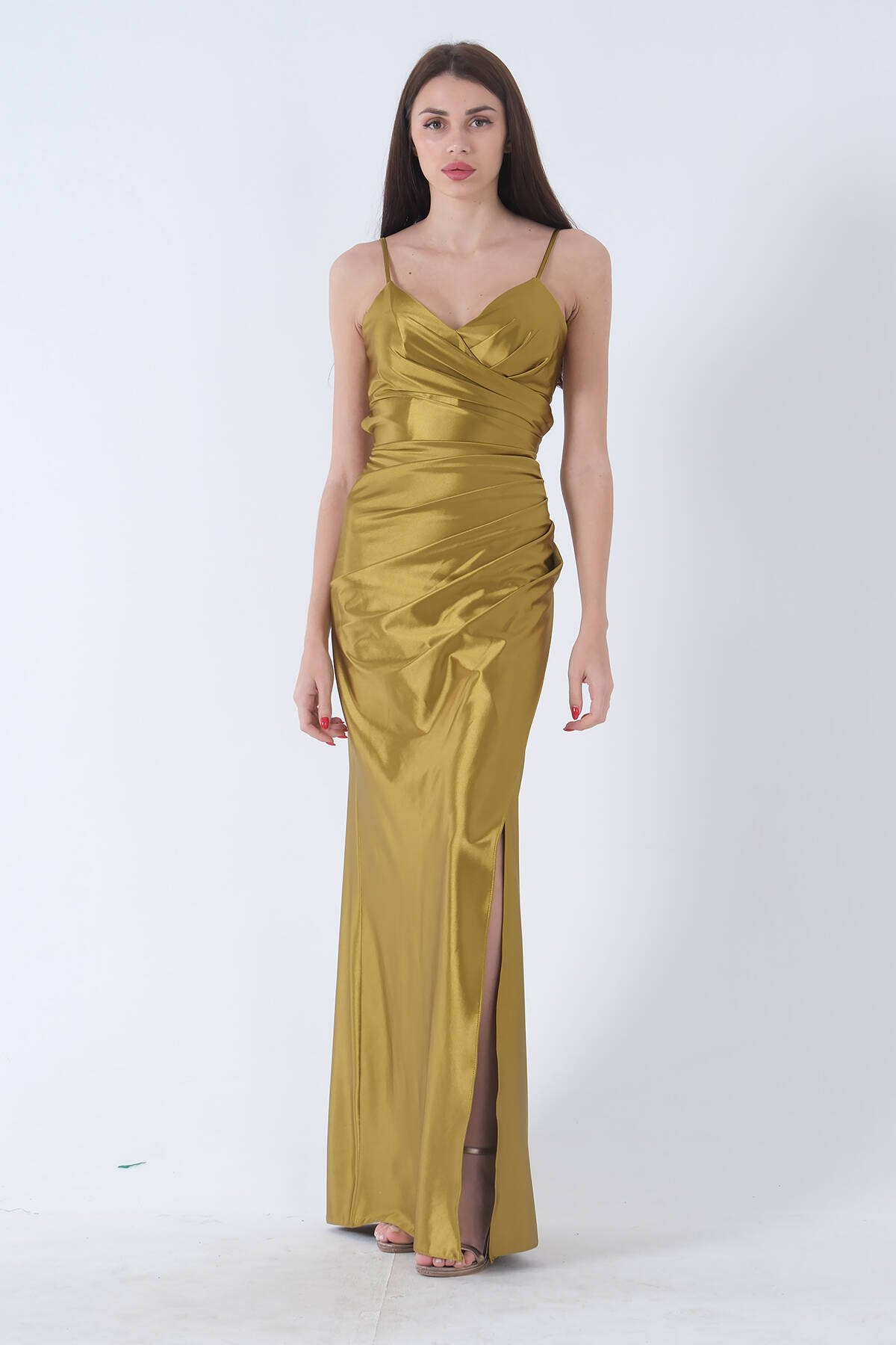Fıstık Sırt Dekolteli Yırtmaçlı Uzun Saten Abiye Elbise 4522004.22 - Ardanewline