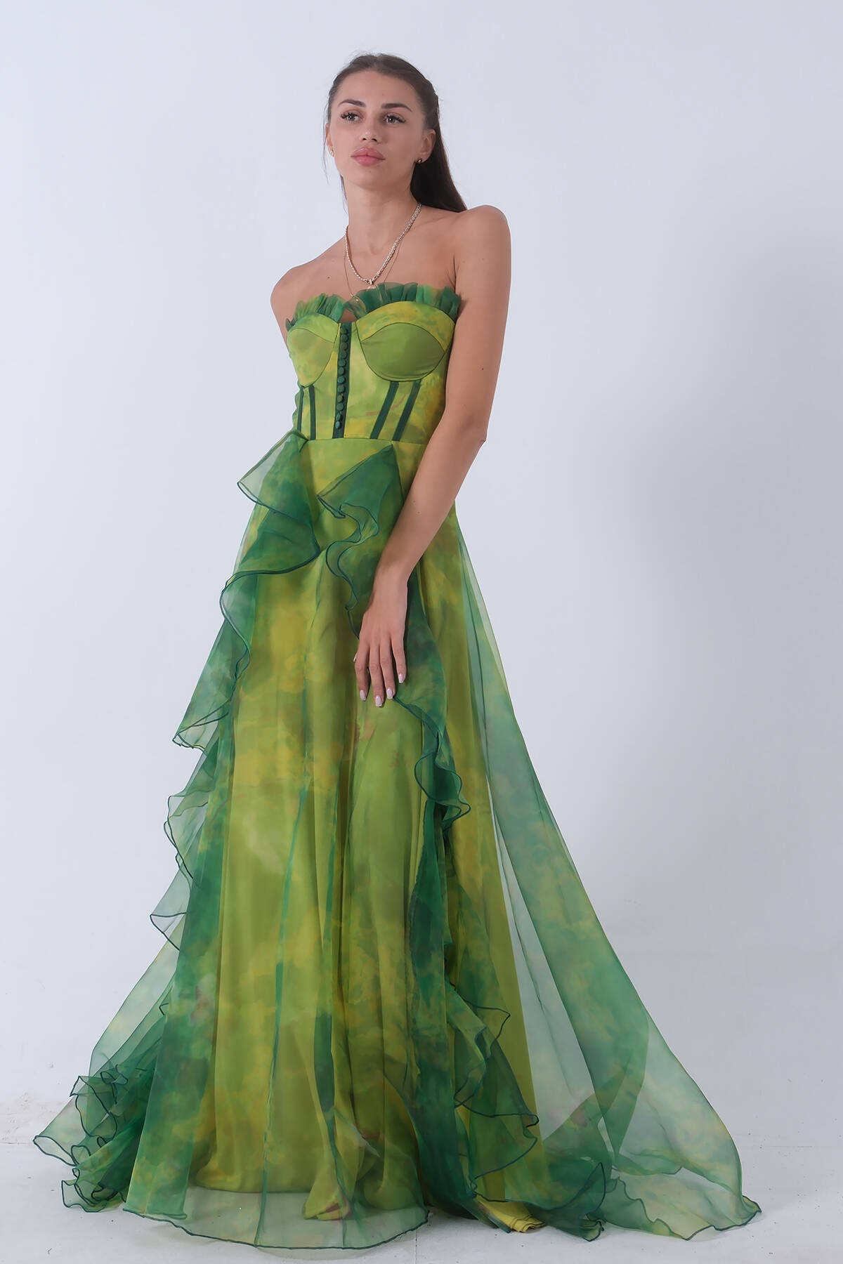 Fıstık Straplez Yaka Yırtmaçlı Eteği Fırfırlı Abiye 9705163.22 - Ardanewline