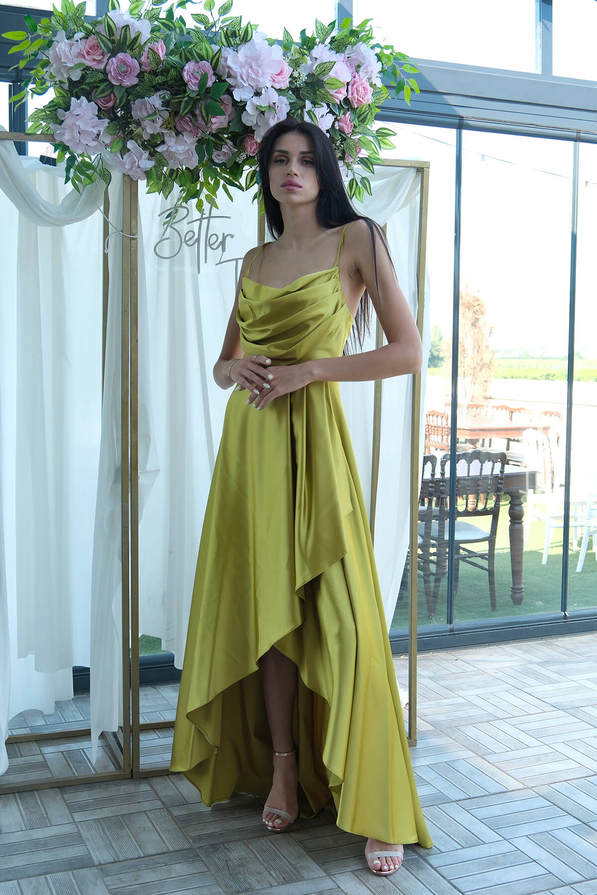 Fıstık Yırtmaç Detaylı Saten Abiye Elbise 4522348.22 - Ardanewline