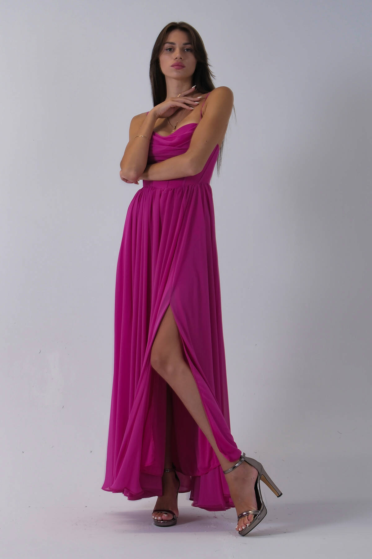 Fuşya Askılı Drapeli Uzun Şifon Abiye 08020032.12 - Ardanewline