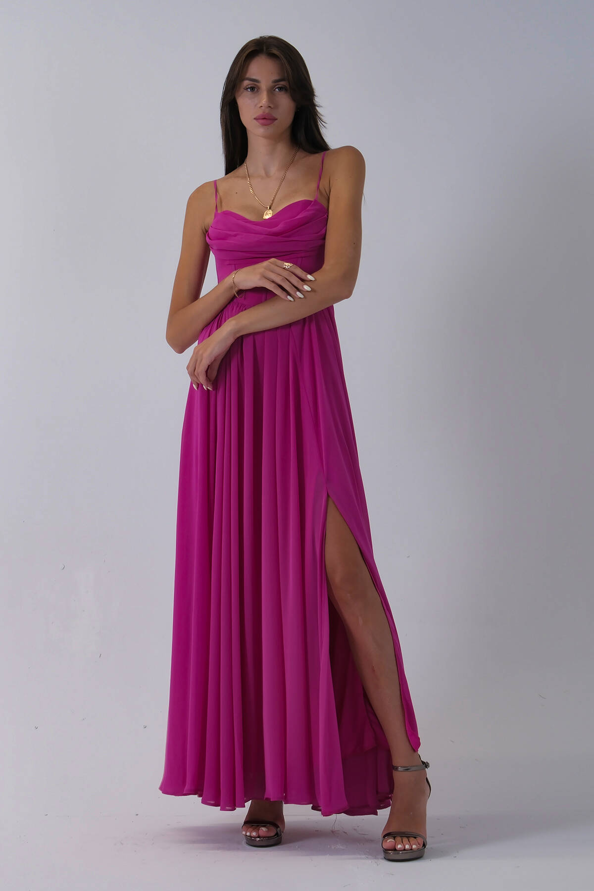 Fuşya Askılı Drapeli Uzun Şifon Abiye 08020032.12 - Ardanewline (1)