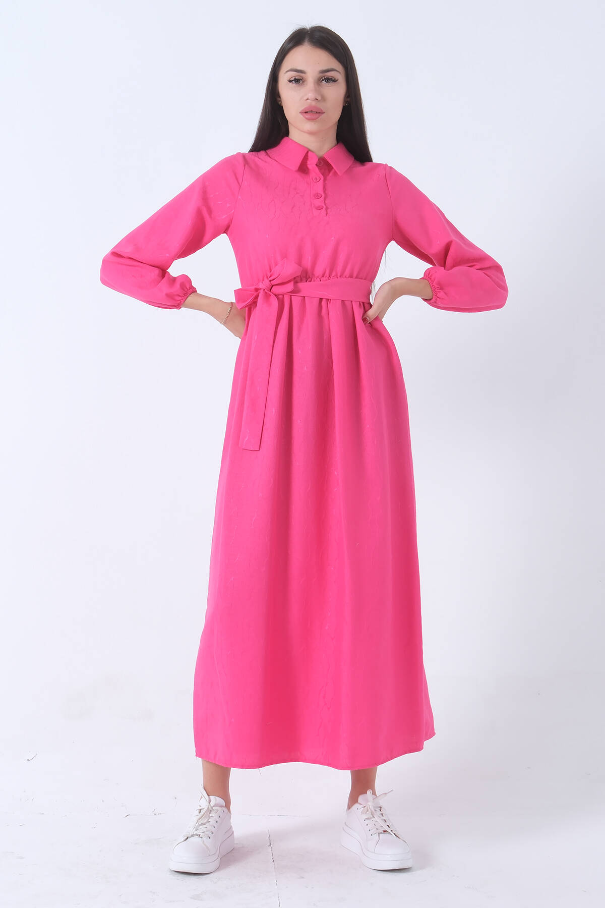 Fuşya Beli Lastikli Gömlek Yaka Kuşaklı Tesettür Elbise 4593296.12 - Ardanewline (1)