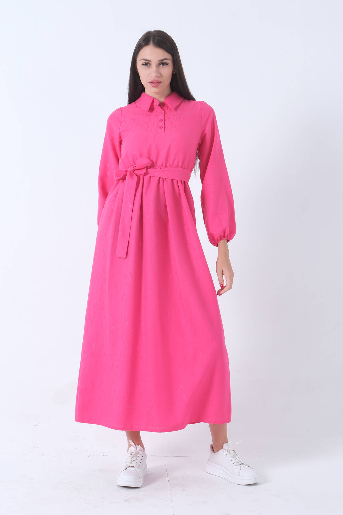 Fuşya Beli Lastikli Gömlek Yaka Kuşaklı Tesettür Elbise 4593296.12 - Ardanewline