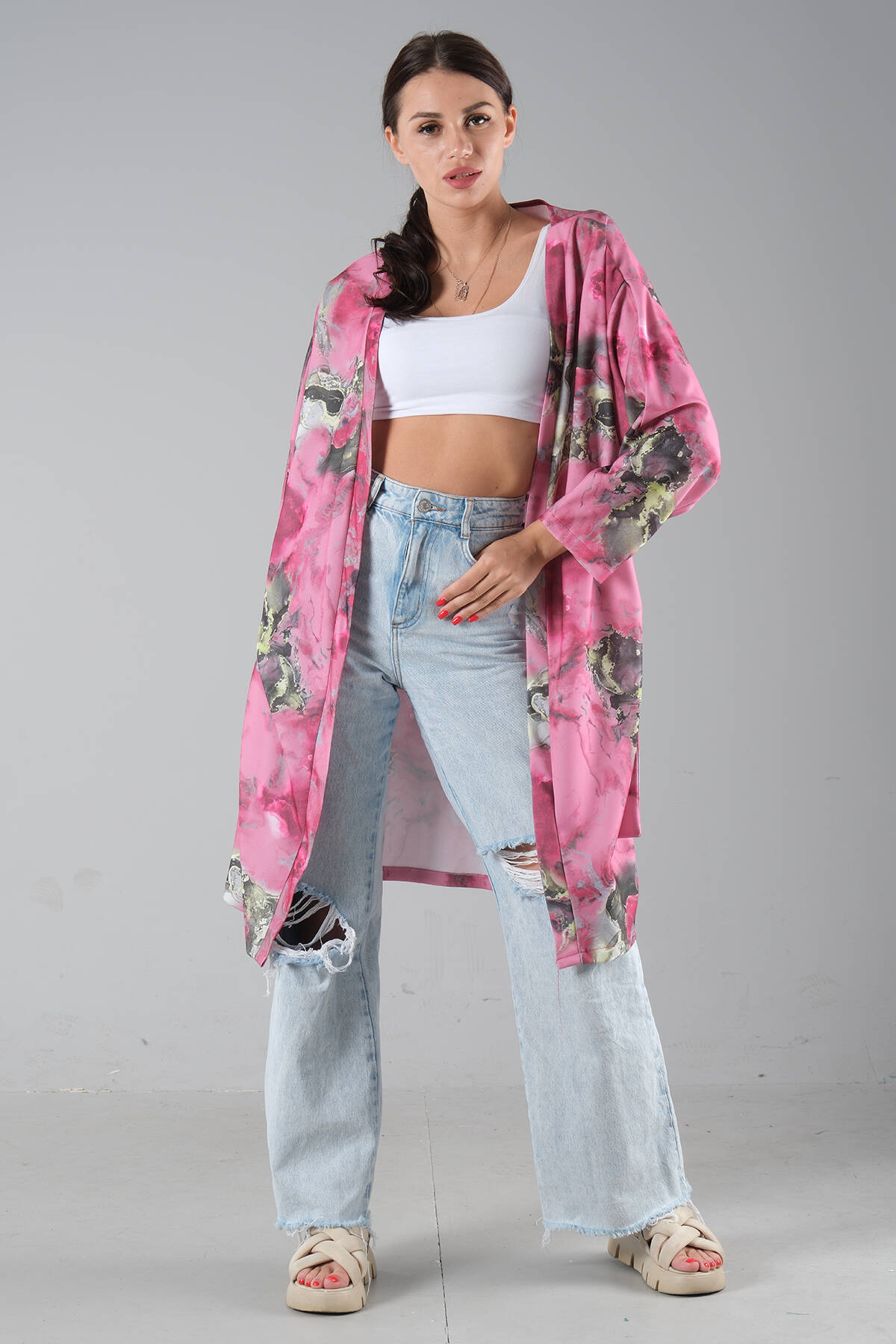 Fuşya Desenli Krep Kimono 0107129.12 - Ardanewline