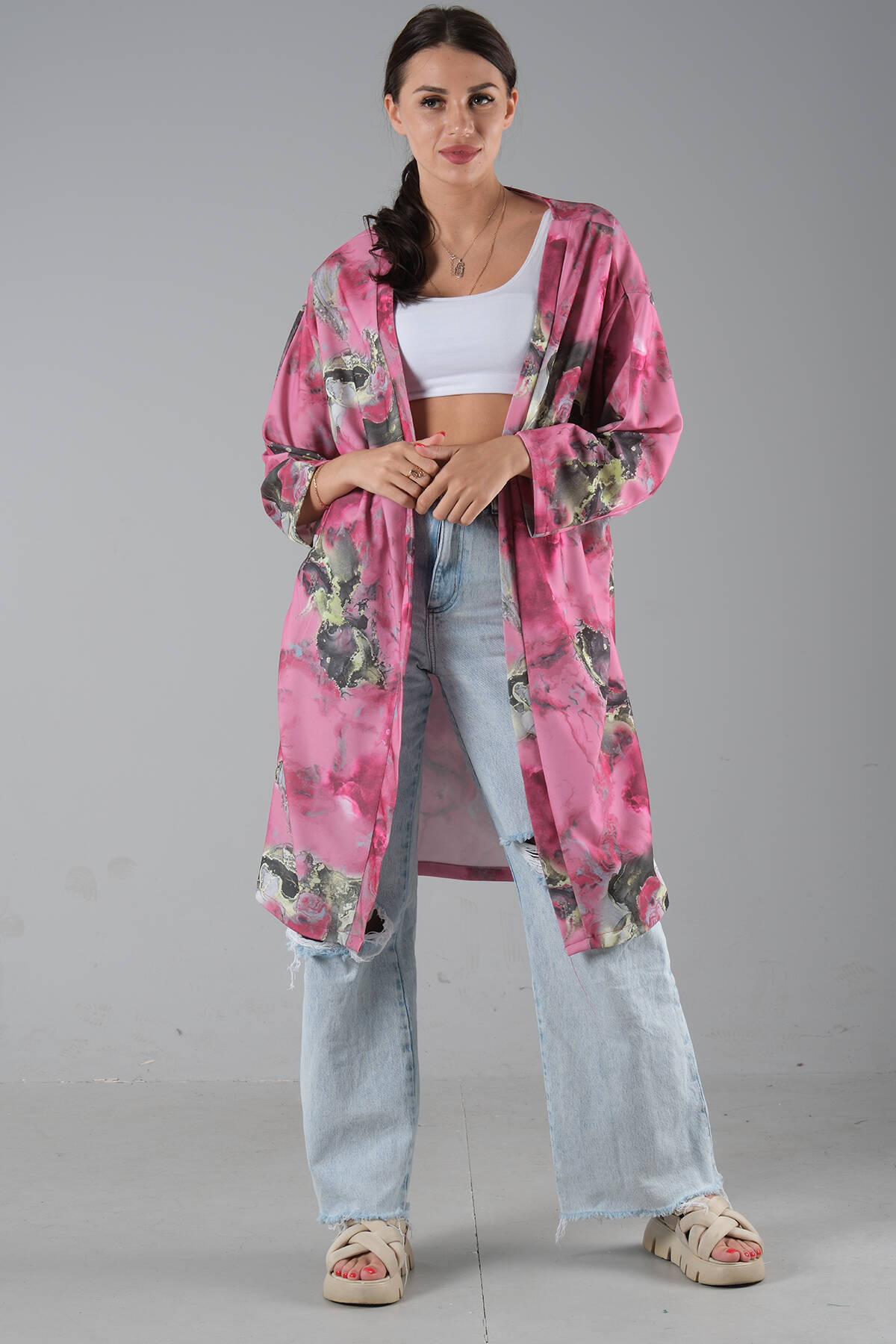 Fuşya Desenli Krep Kimono 0107129.12 - Ardanewline (1)