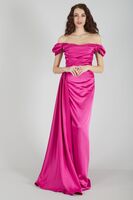 Fuşya Drape Detaylı Saten Kumaş Abiye Elbise 9704858.12 - 3