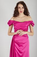 Fuşya Drape Detaylı Saten Kumaş Abiye Elbise 9704858.12 - video