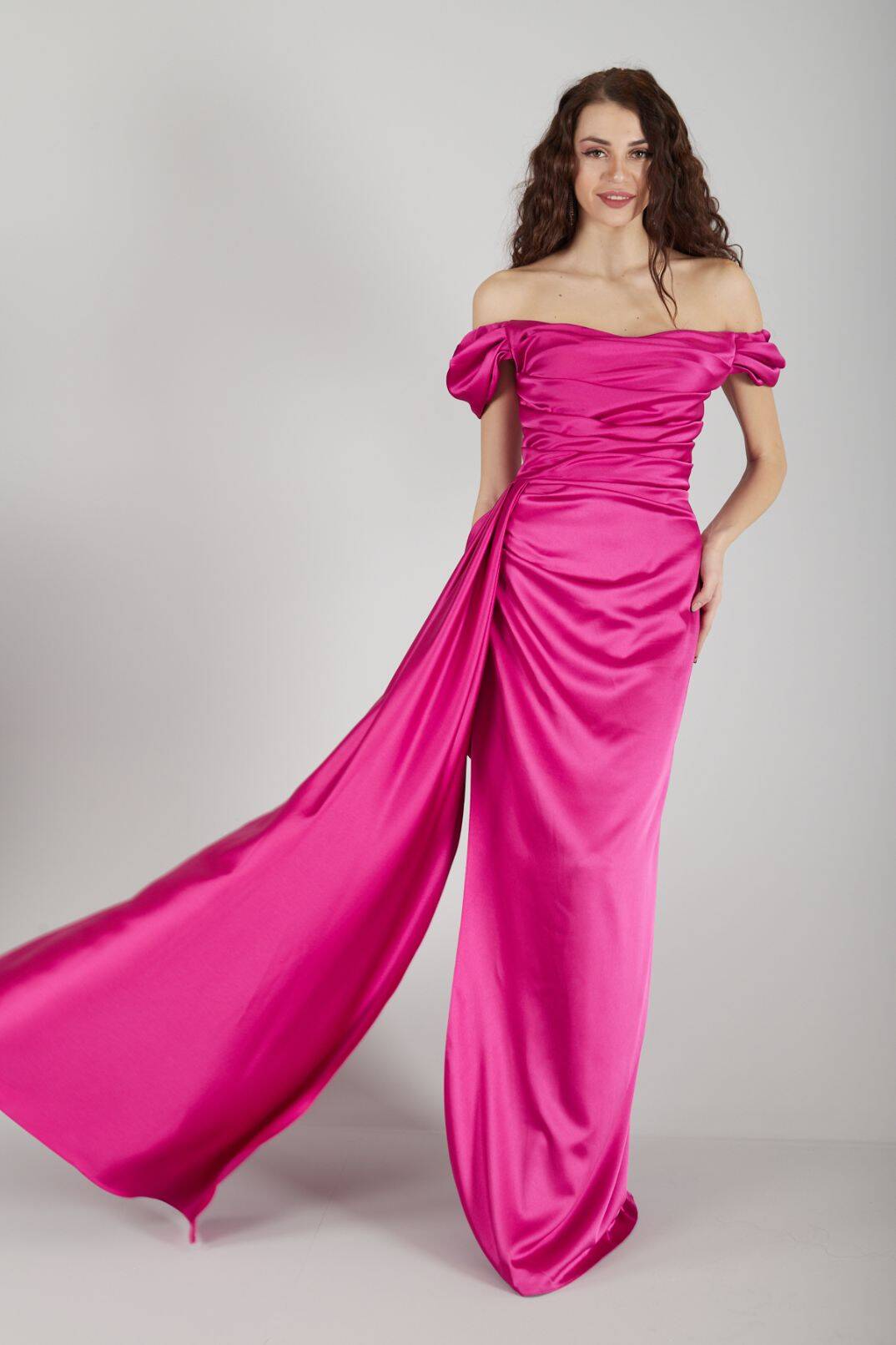 Fuşya Drape Detaylı Saten Kumaş Abiye Elbise 9704858.12 - Ardanewline (1)