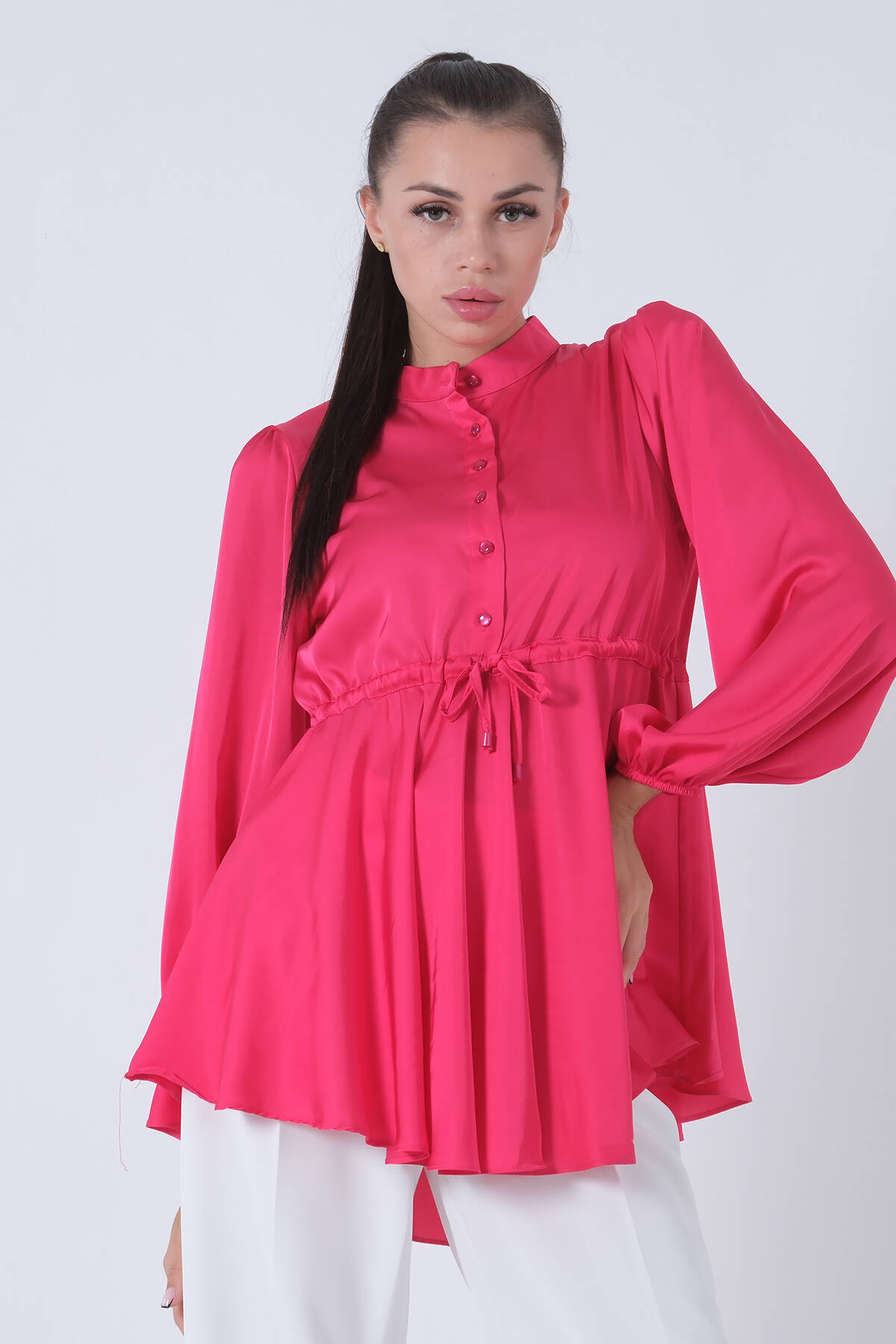 Fuşya Kolu Lastikli Belden Bağlamalı Saten Tunik 44510418.12 - Ardanewline