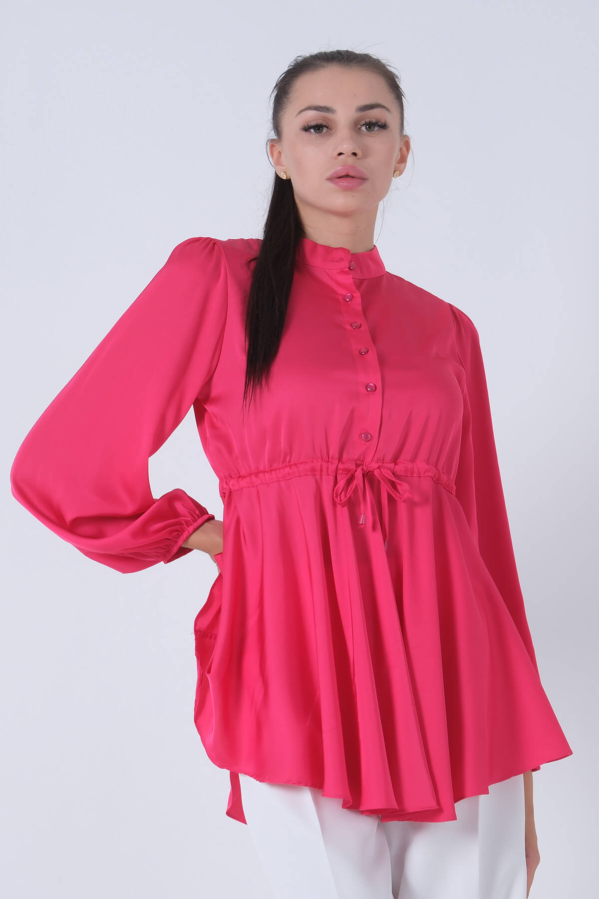 Fuşya Kolu Lastikli Belden Bağlamalı Saten Tunik 44510418.12 - Ardanewline (1)
