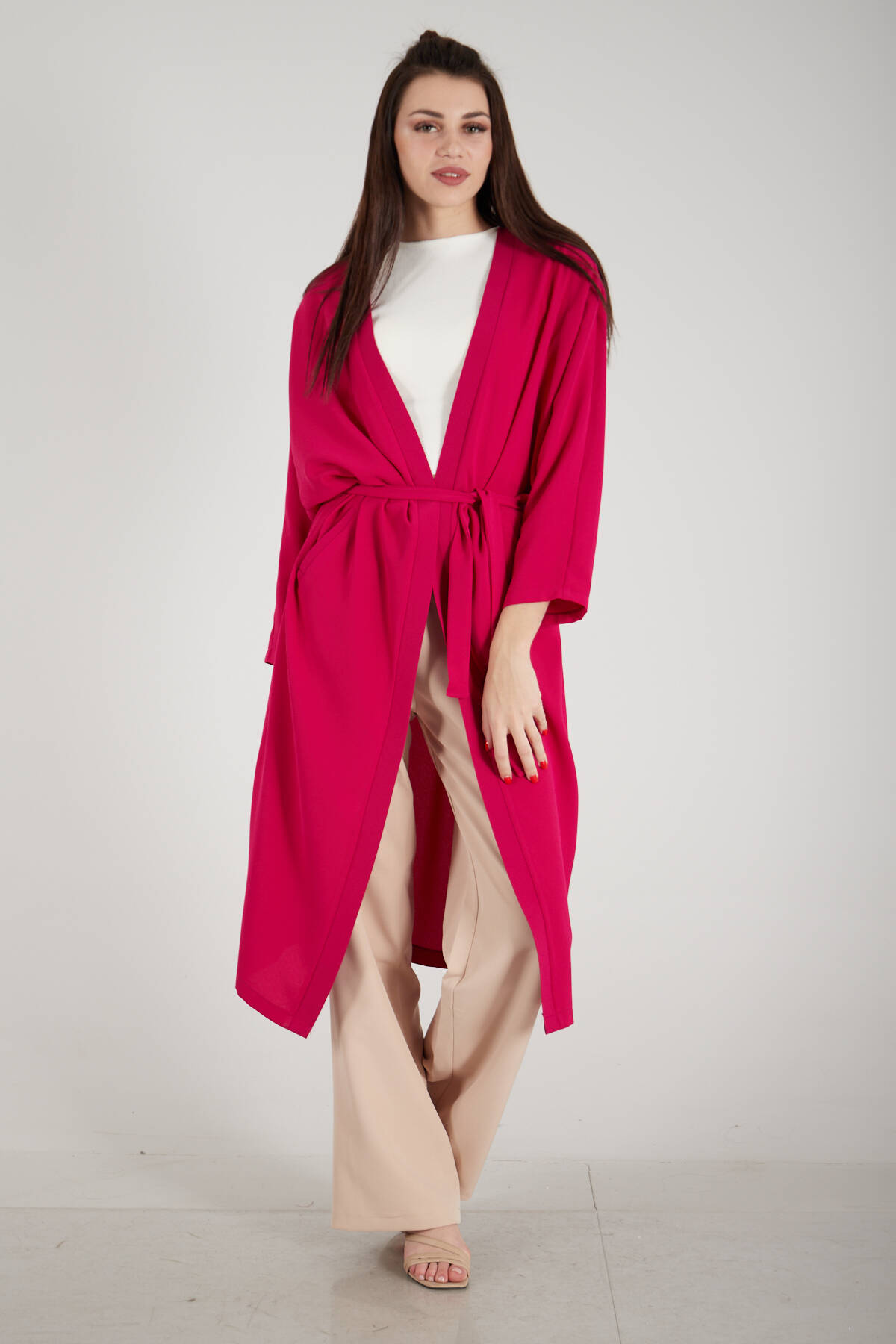 Fuşya Krep Belden Kuşaklı Kimono 0107121.12 - Ardanewline