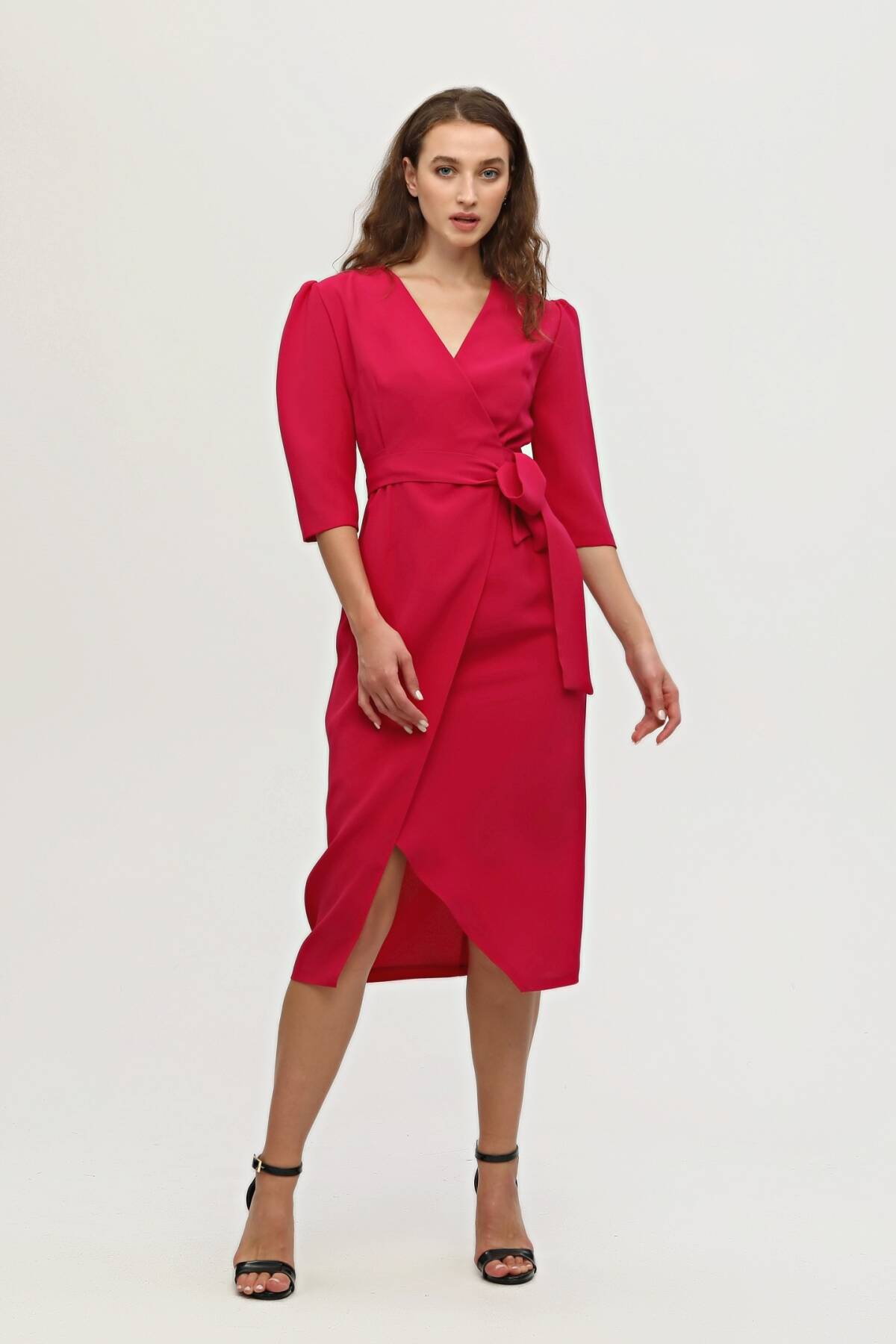 Fuşya Kruvaze Yaka Midi Boy Krep Elbise 0104010.12 - Ardanewline