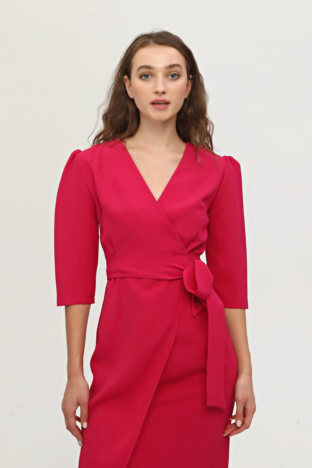 Fuşya Kruvaze Yaka Midi Boy Krep Elbise 0104010.12 - Ardanewline (1)