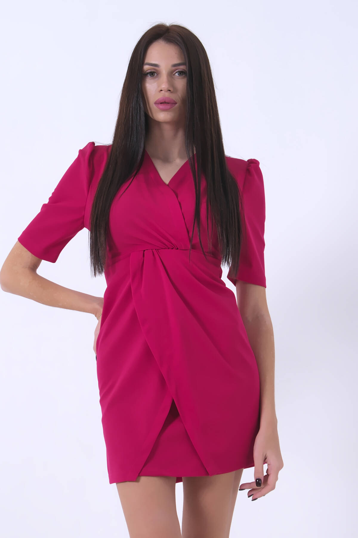 Fuşya Kuvaze Yaka Önü Çapraz Detaylı Elbise 0104023.12 - Ardanewline (1)