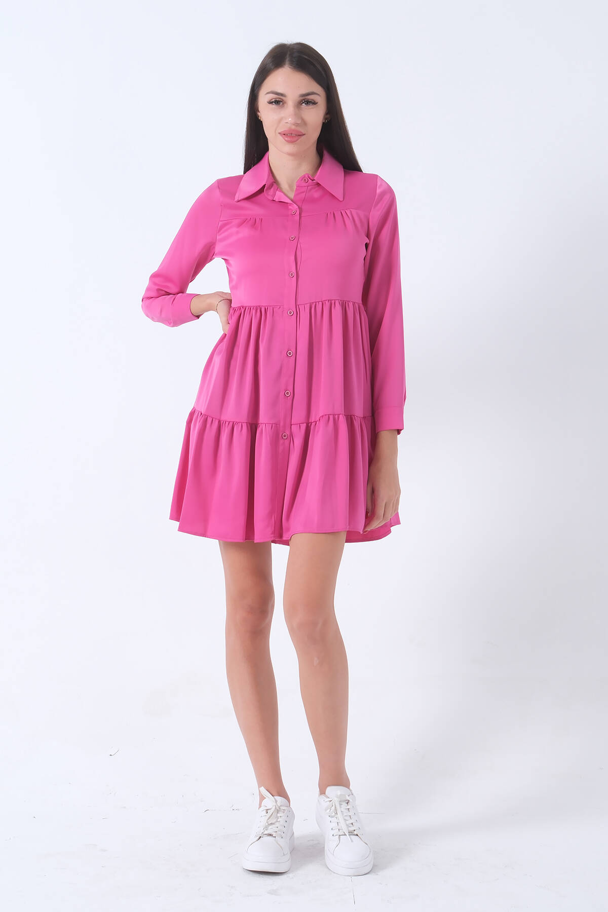 Fuşya Midi Boy Kısa Gömlek Elbise 41690003.12 - Ardanewline