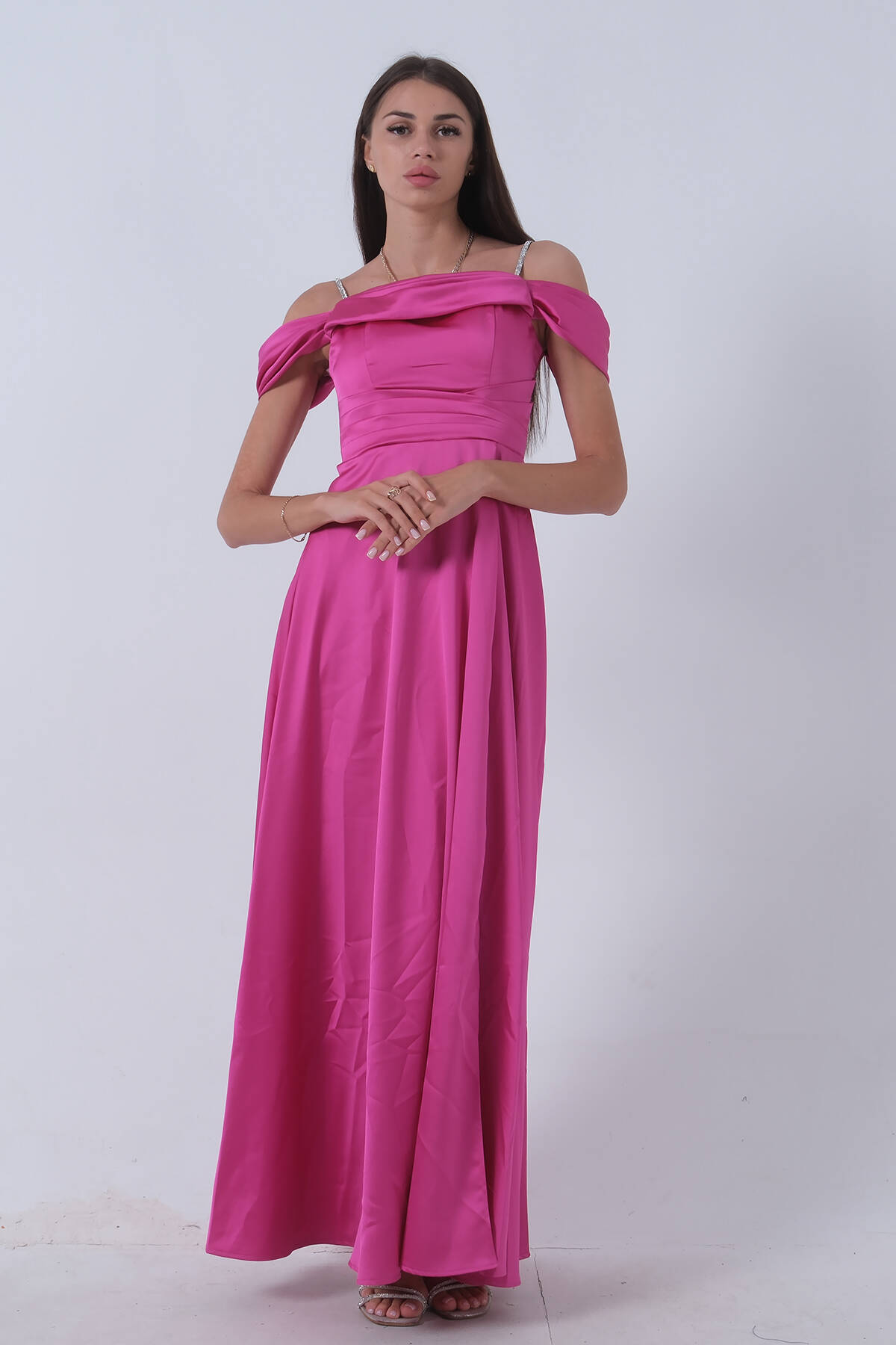 Fuşya Taş Askılı Düşük Kol Saten Abiye 0806118.12 - Ardanewline