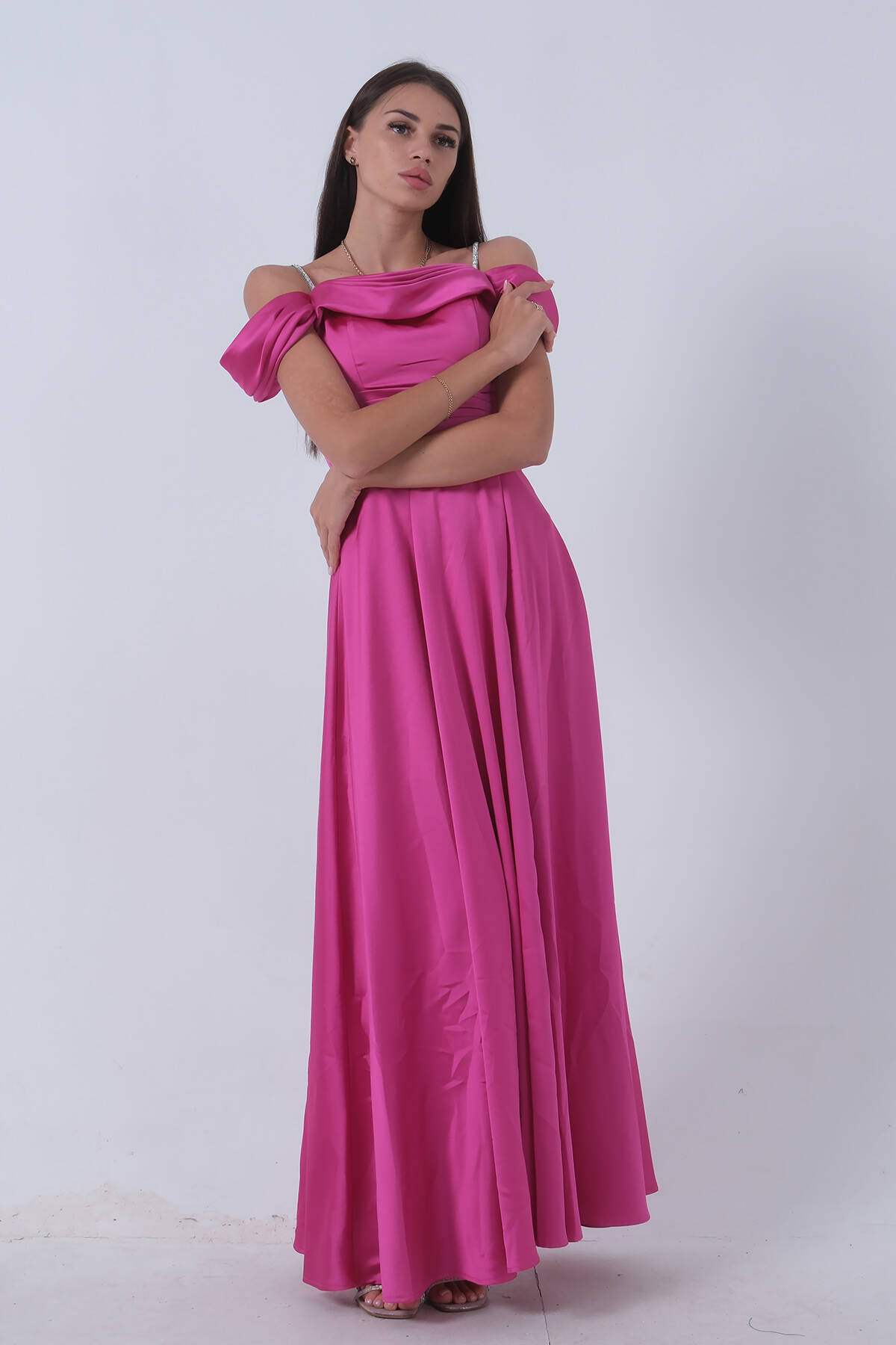 Fuşya Taş Askılı Düşük Kol Saten Abiye 0806118.12 - Ardanewline (1)