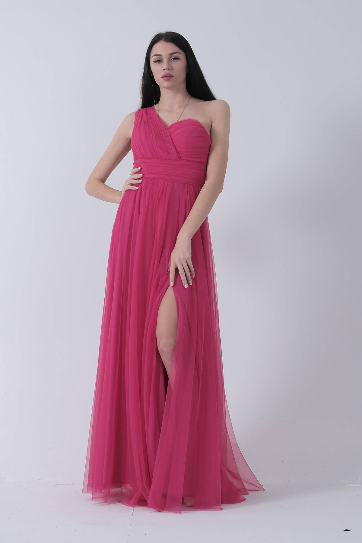 Fuşya Tek Omuz Yırtmaçlı Abiye 9705155.12 - Ardanewline