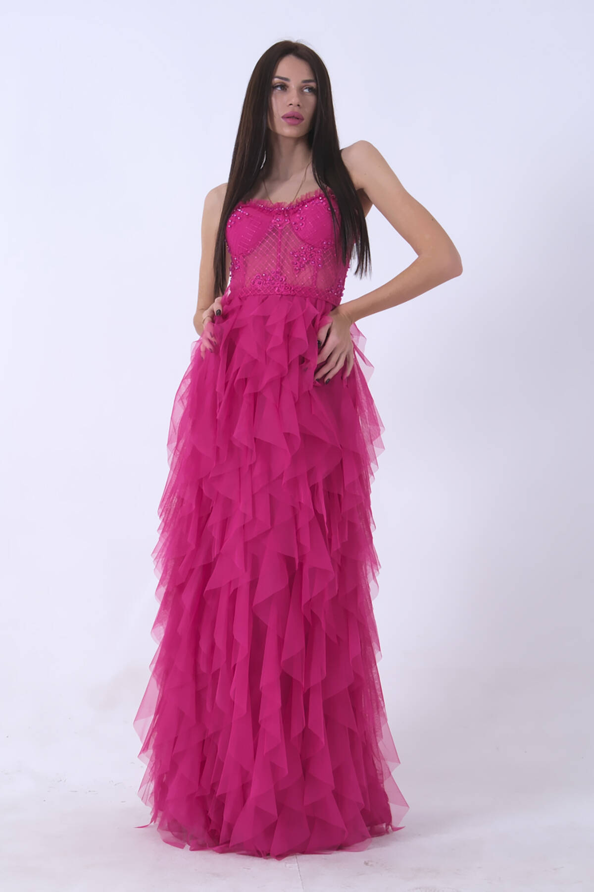 Fuşya Transparan Taşlı Eteği Fırfırlı Abiye 9705034.12 - Ardanewline