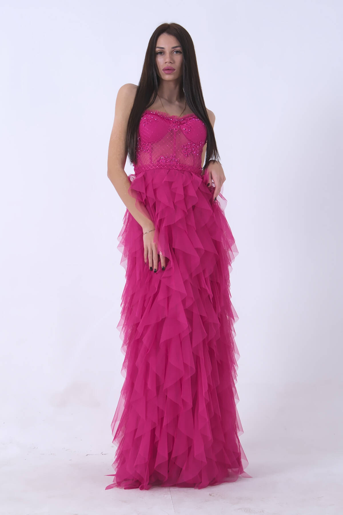 Fuşya Transparan Taşlı Eteği Fırfırlı Abiye 9705034.12 - Ardanewline (1)