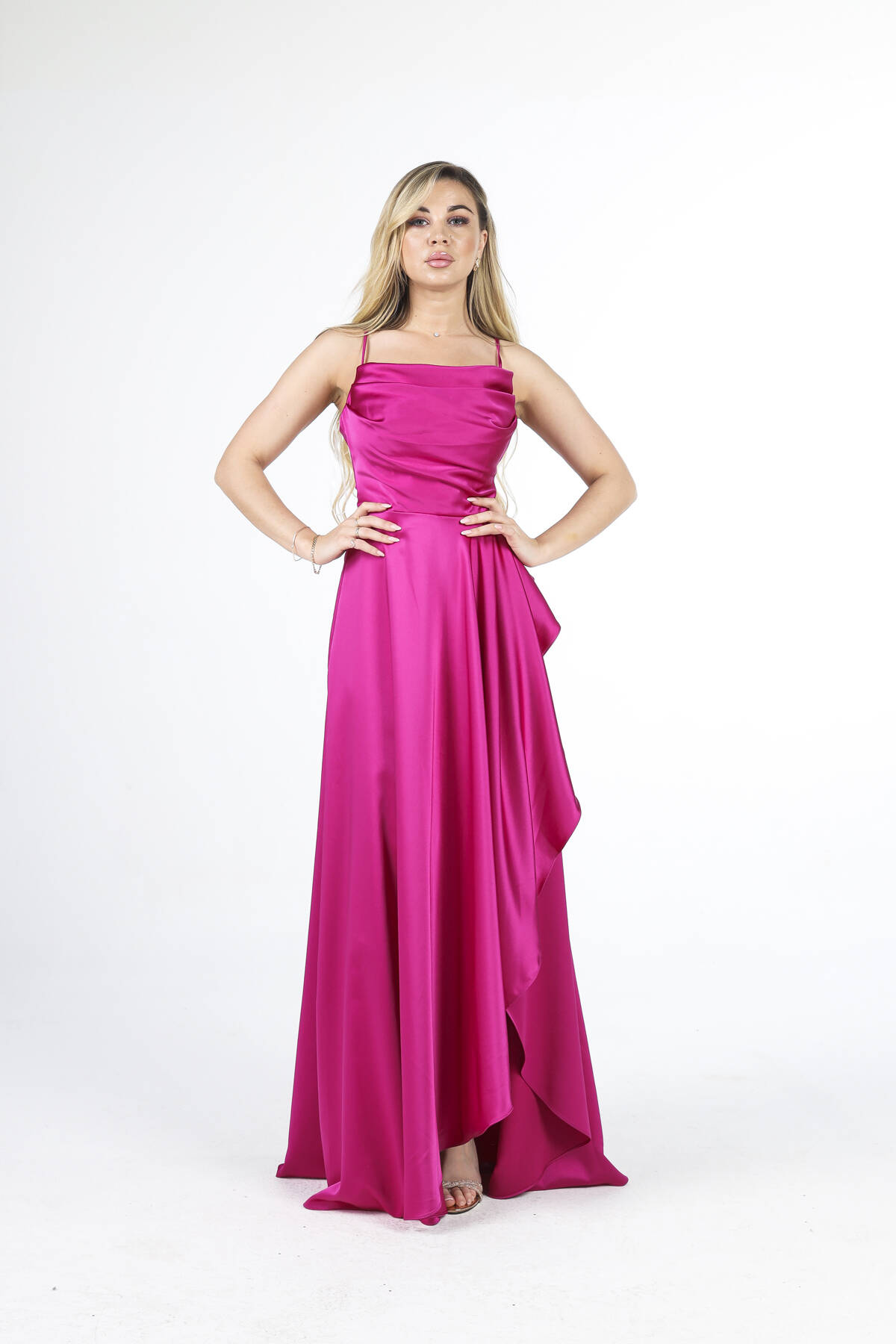 Fuşya Yırtmaç Detaylı Saten Abiye Elbise 4522348.12 - Ardanewline