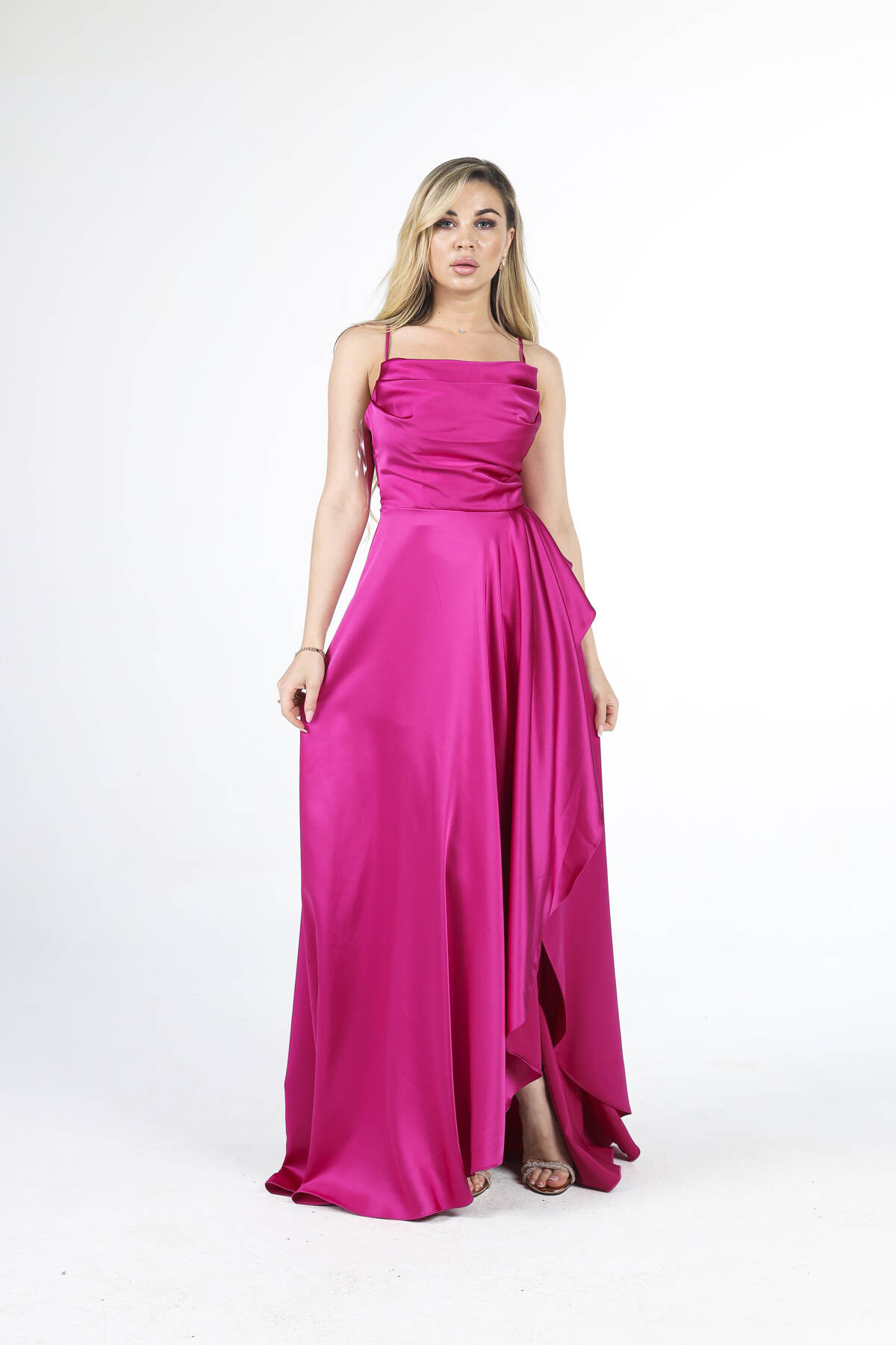 Fuşya Yırtmaç Detaylı Saten Abiye Elbise 4522348.12 - Ardanewline (1)