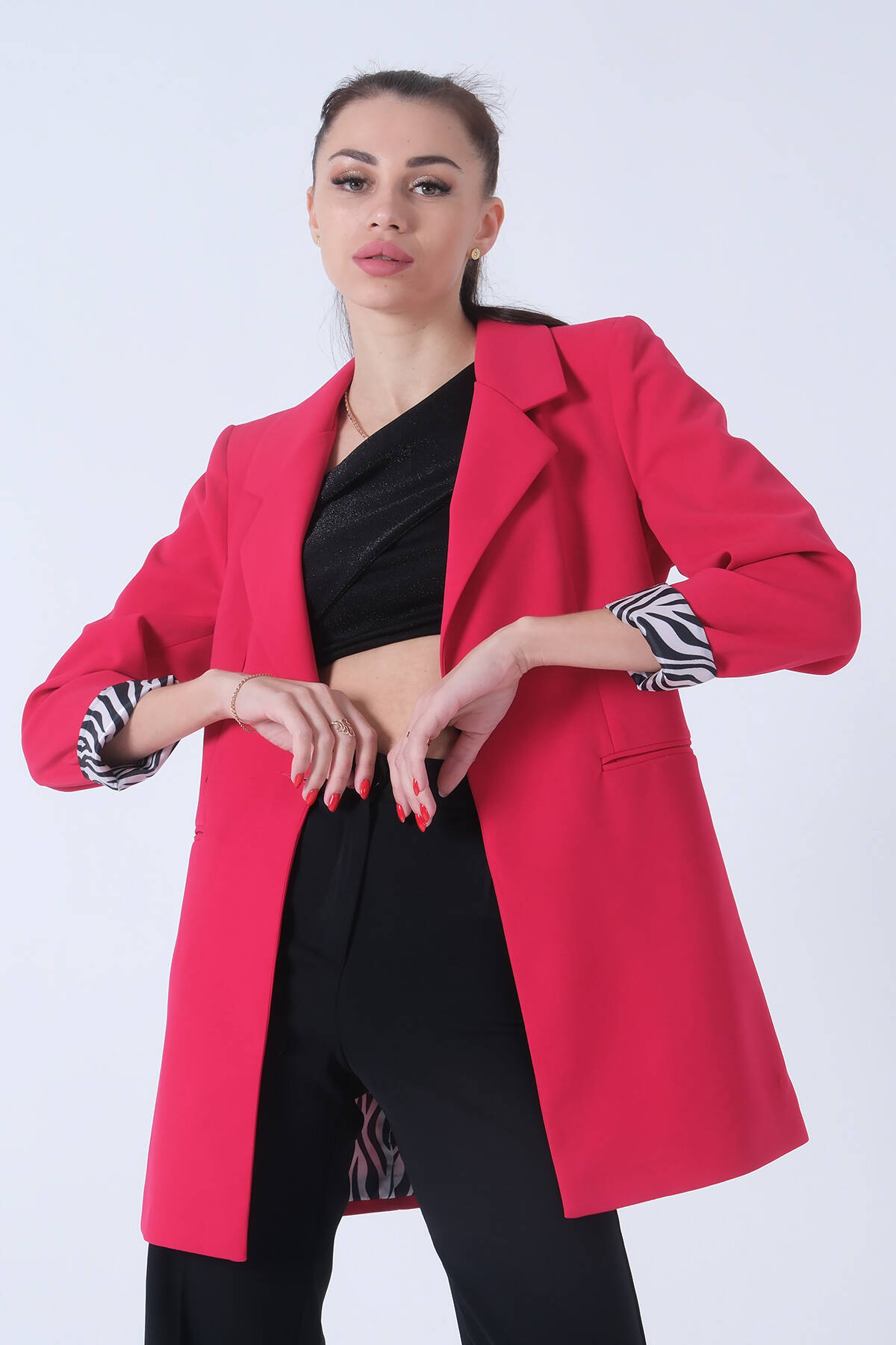 Fuşya Zebra Astar Detaylı Krep Blazer Ceket 01051201.12