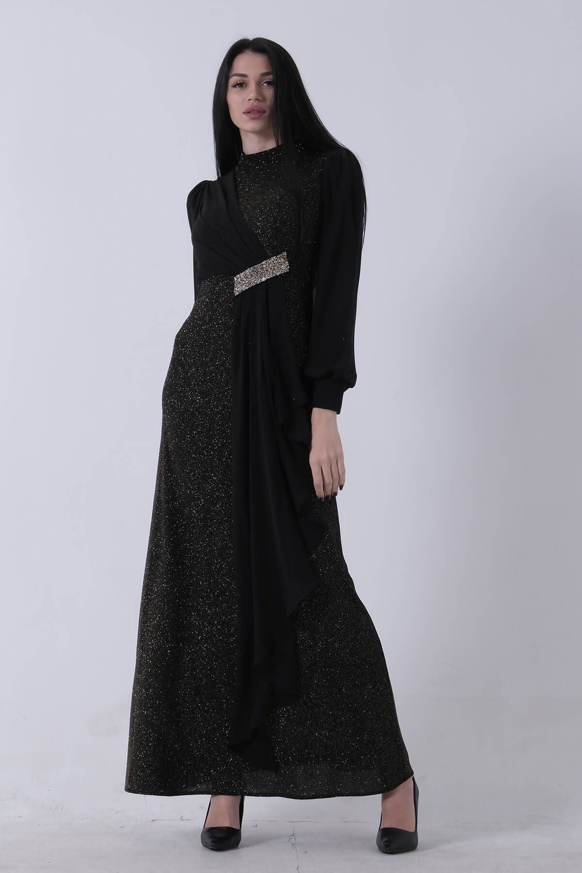 Gold Bisiklet Yaka Beli Taş Detaylı Tesettür Abiye 08061281.122 - Ardanewline