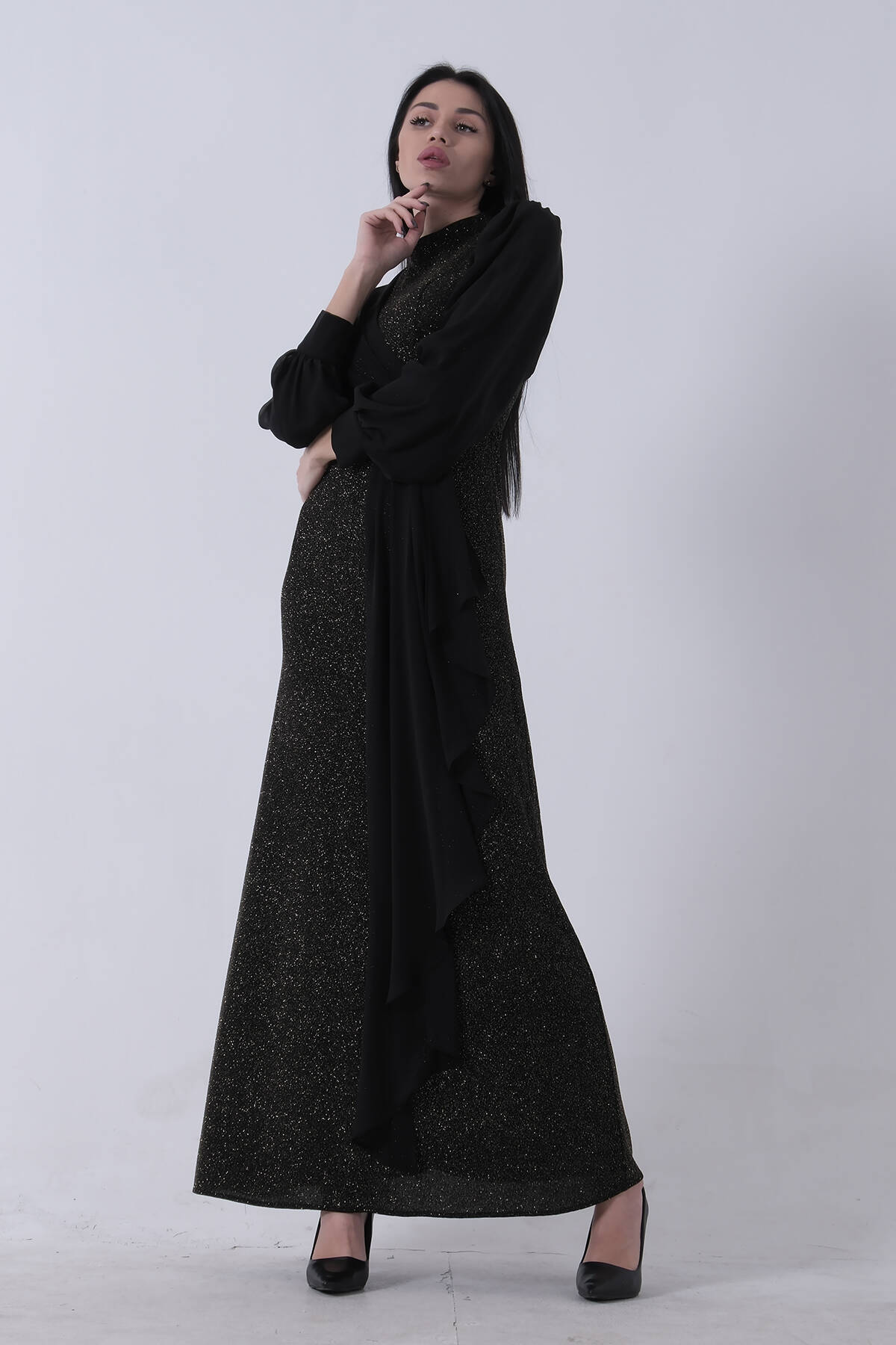 Gold Bisiklet Yaka Beli Taş Detaylı Tesettür Abiye 08061281.122 - Ardanewline (1)