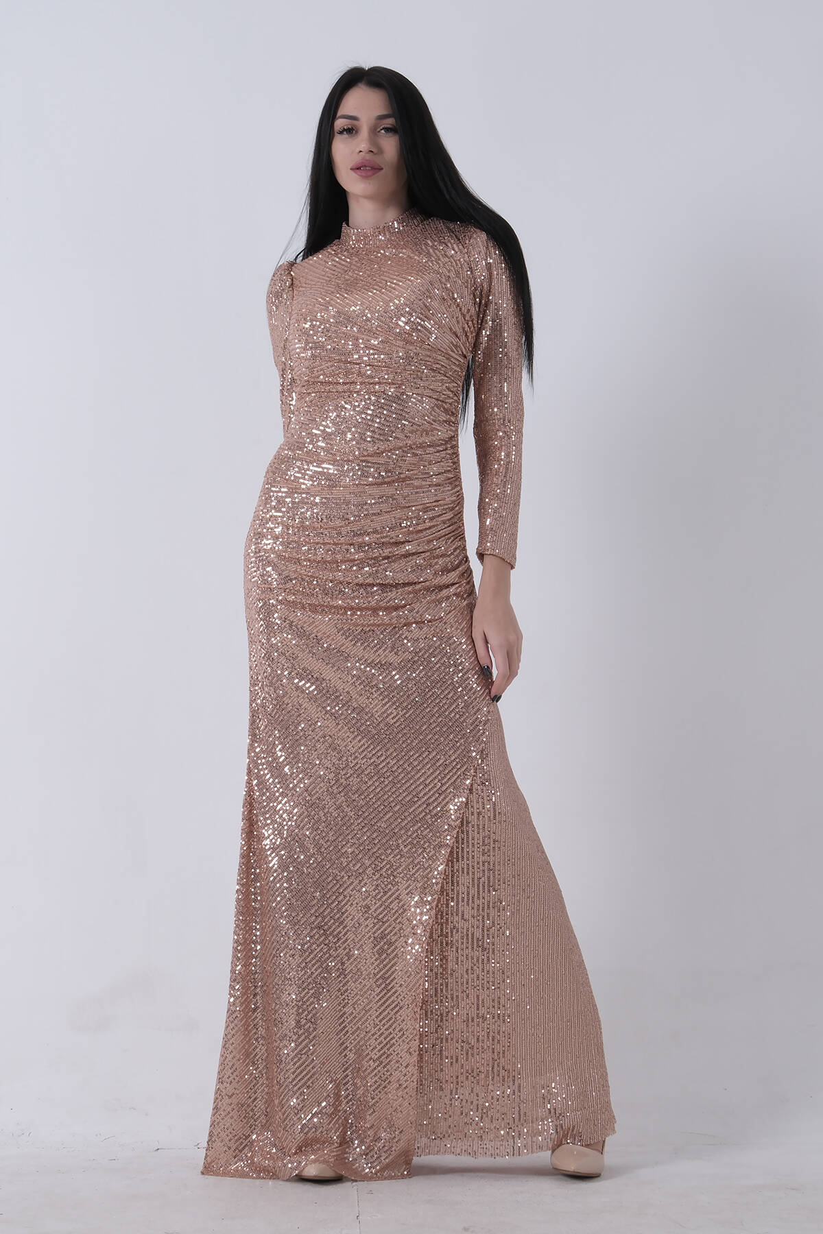 Gold Bisiklet Yaka Pul Payetli Yırtmaçlı Abiye 0801057.122 - Ardanewline