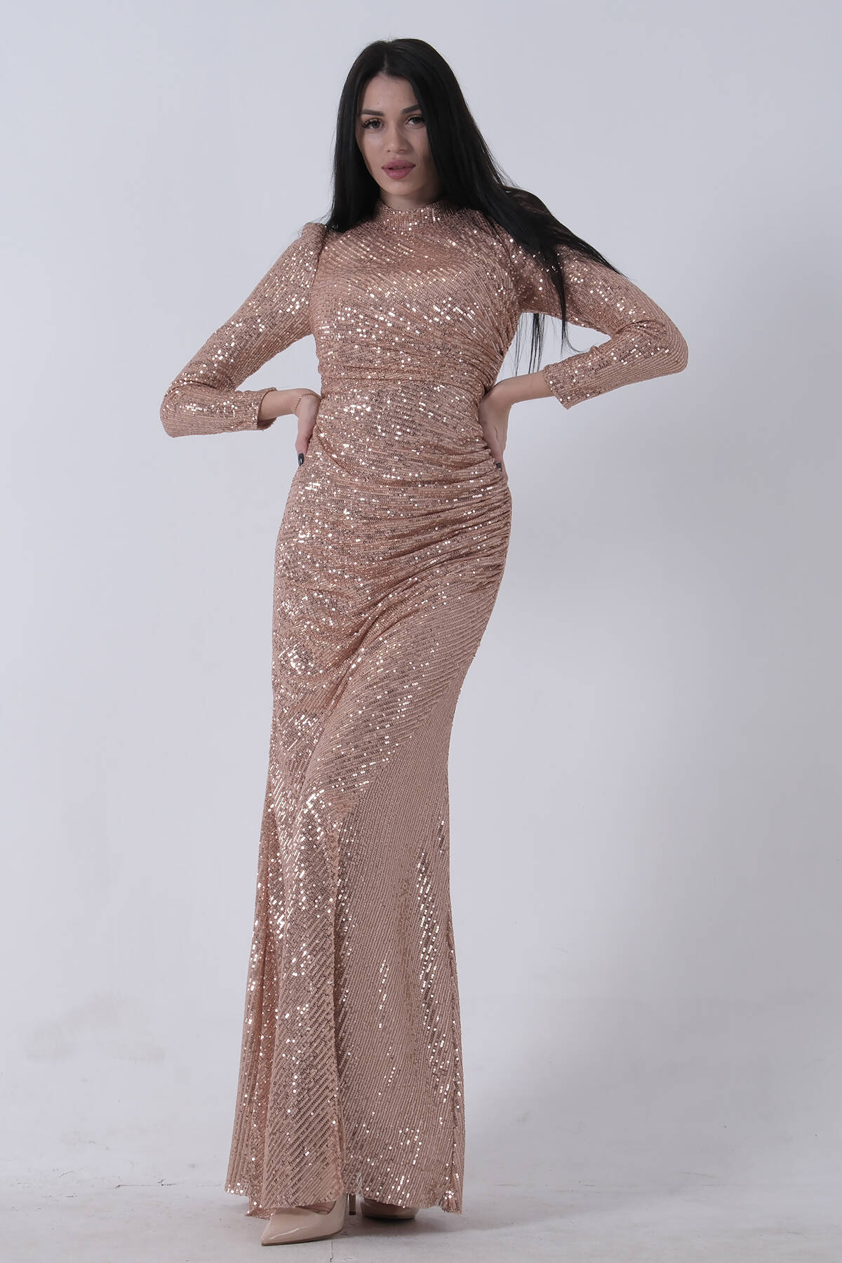 Gold Bisiklet Yaka Pul Payetli Yırtmaçlı Abiye 0801057.122 - Ardanewline (1)