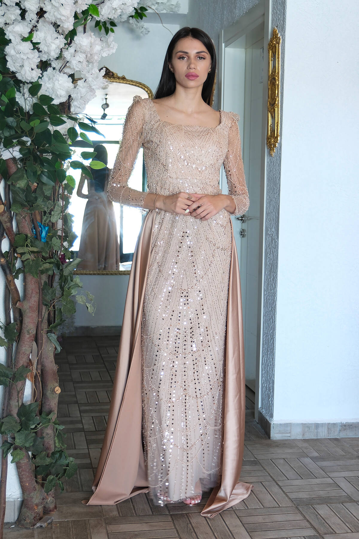 Gold Boncuk İşlemeli Tül Kol Detaylı Uzun Abiye 9705463.122 - Ardanewline