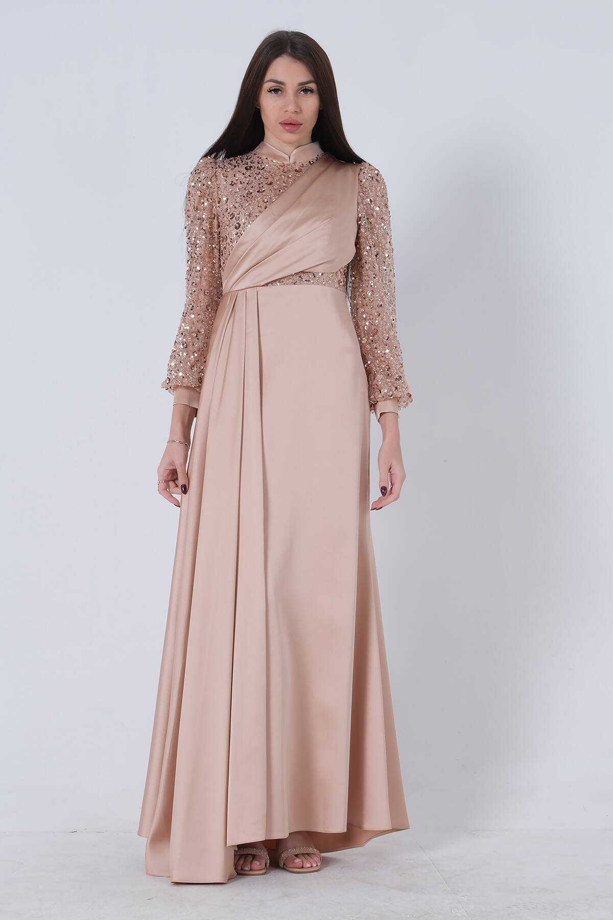 Gold Boncuklu Saten Tesettür Abiye 6502472.122 - Ardanewline