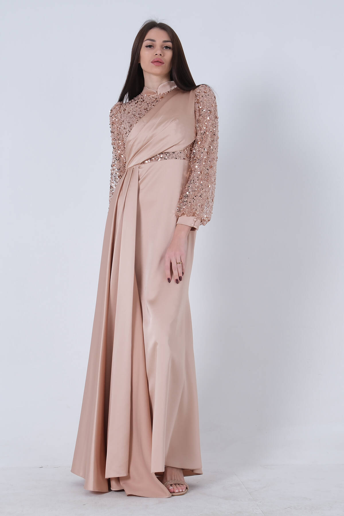 Gold Boncuklu Saten Tesettür Abiye 6502472.122 - Ardanewline (1)