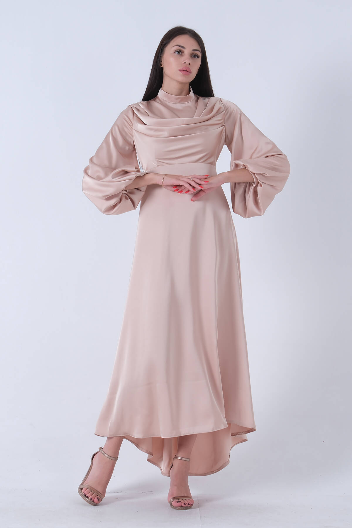 Gold Degaje Saten Balon Kol Tesettür Elbise 5305035.122 - Ardanewline