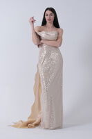 Gold Drape Yaka Detaylı Payet İşlemeli Uzun Kuşaklı Abiye 9705470.122 - 2