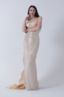 Gold Drape Yaka Detaylı Payet İşlemeli Uzun Kuşaklı Abiye 9705470.122 - 3