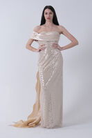 Gold Drape Yaka Detaylı Payet İşlemeli Uzun Kuşaklı Abiye 9705470.122 - 4