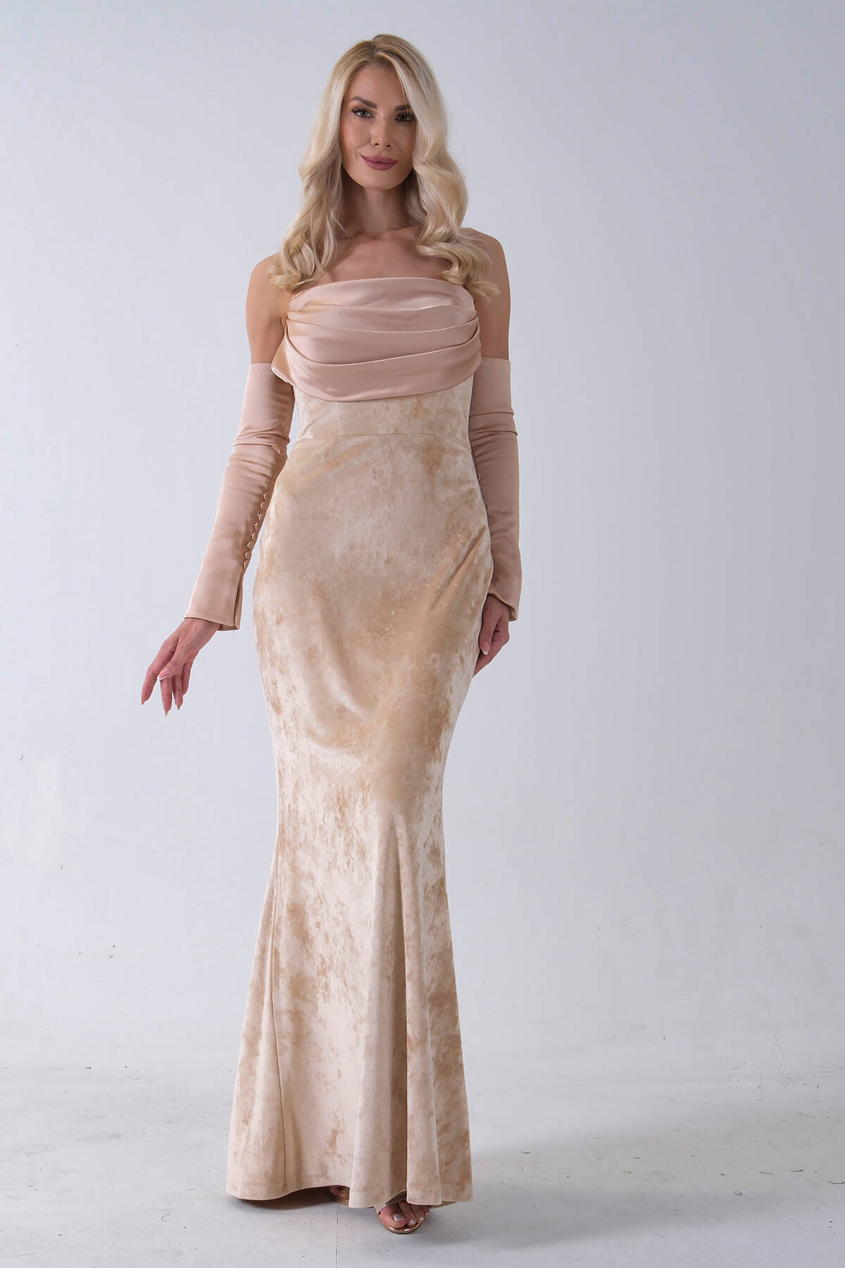 Gold Drapeli Takma Kol Detaylı Kadife Abiye 0801068.122 - Ardanewline