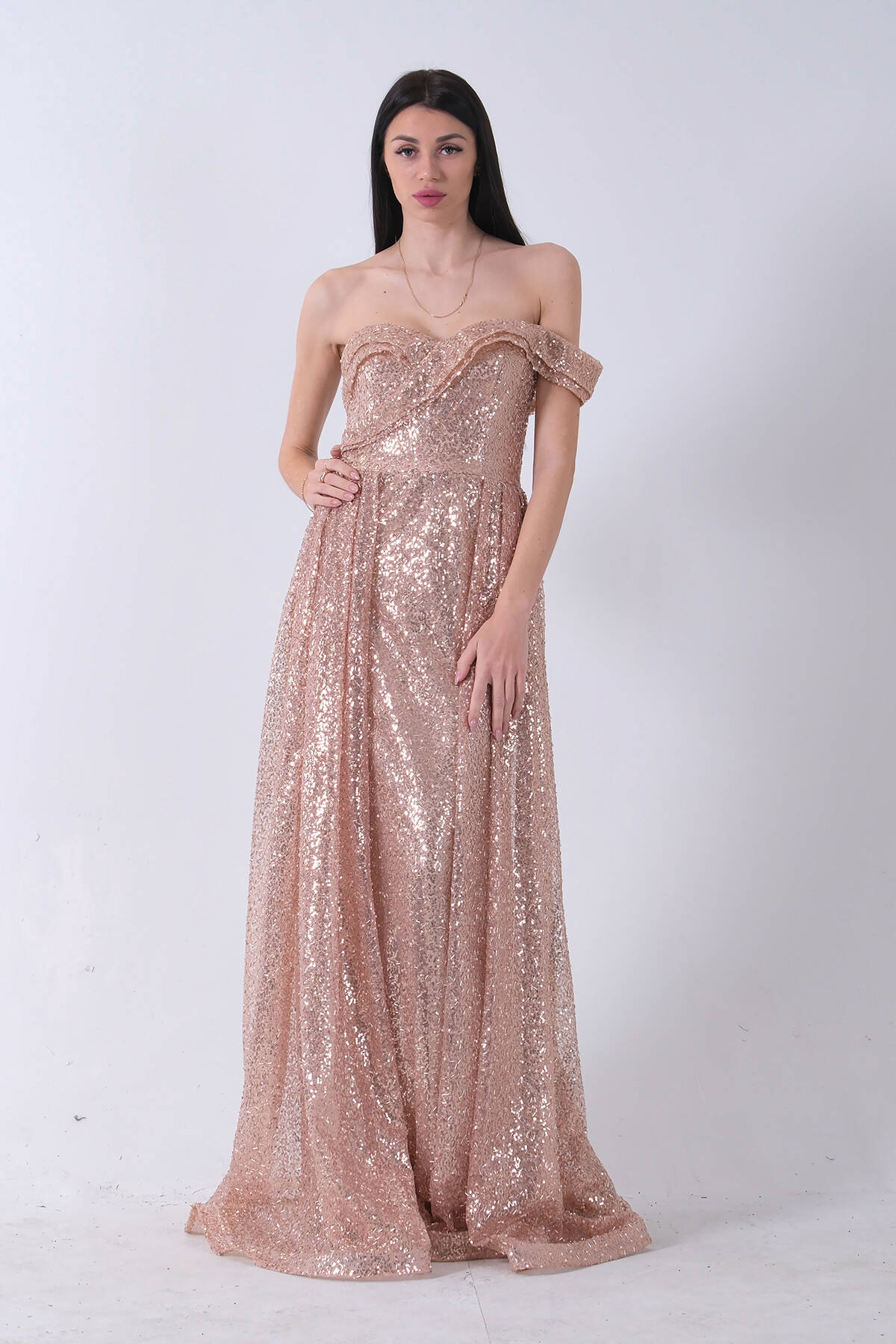 Gold Düşük Omuz Pul Payetli Abiye 9705499.122 - Ardanewline