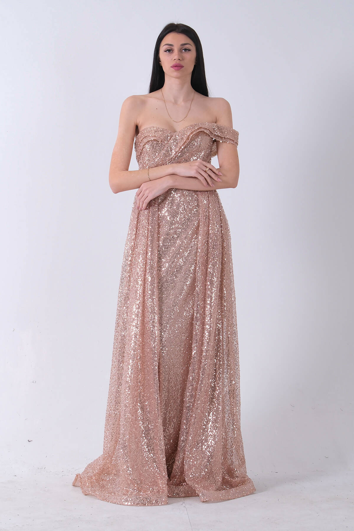 Gold Düşük Omuz Pul Payetli Abiye 9705499.122 - Ardanewline (1)