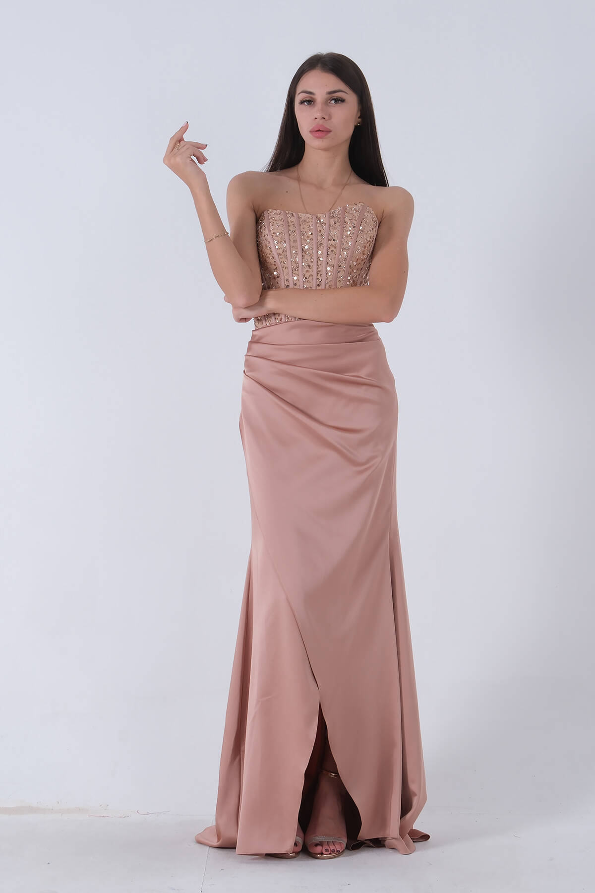 Gold Göğüs Pul ve Taşlı Saten Abiye 9705294.122 - Ardanewline