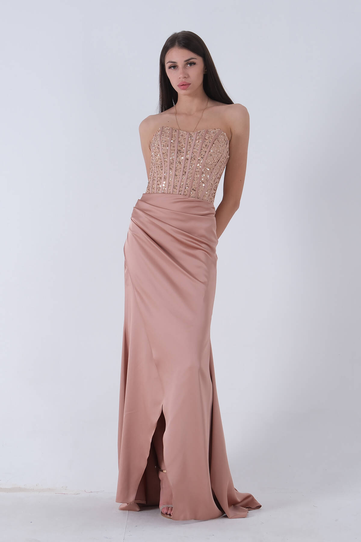 Gold Göğüs Pul ve Taşlı Saten Abiye 9705294.122 - Ardanewline (1)