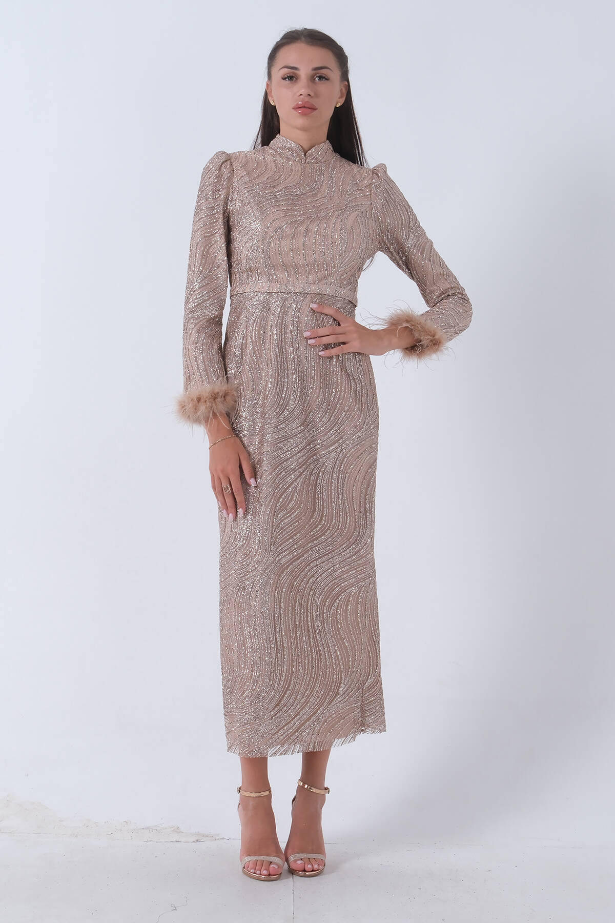 Gold Kol Ucu Tüylü Simli Abiye 6502438.122 - Ardanewline