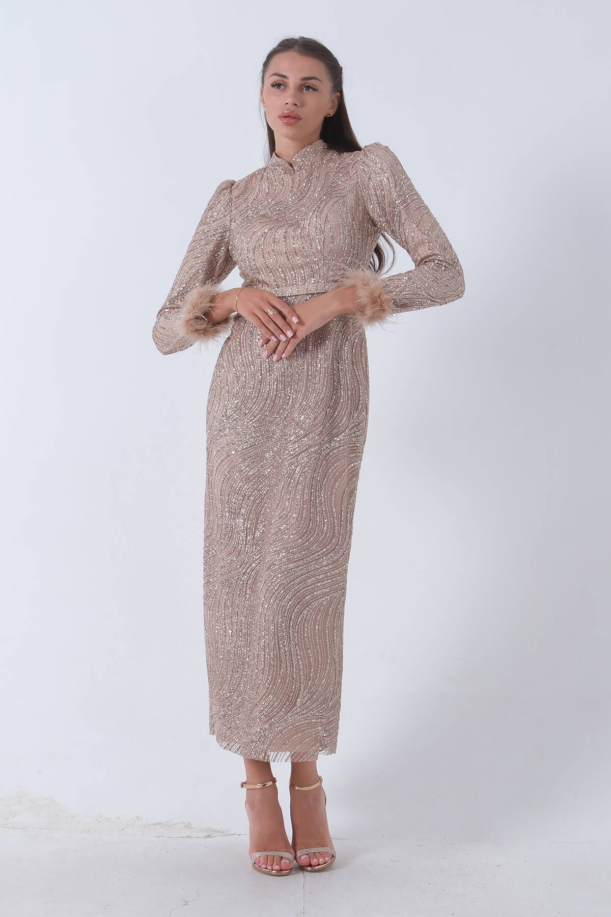 Gold Kol Ucu Tüylü Simli Abiye 6502438.122 - Ardanewline (1)