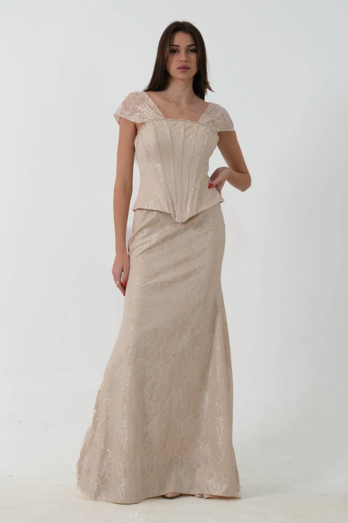 Gold Korse Detaylı Dantel Kapamalı Düşük Omuz Abiye 9705791.122 - Ardanewline (1)