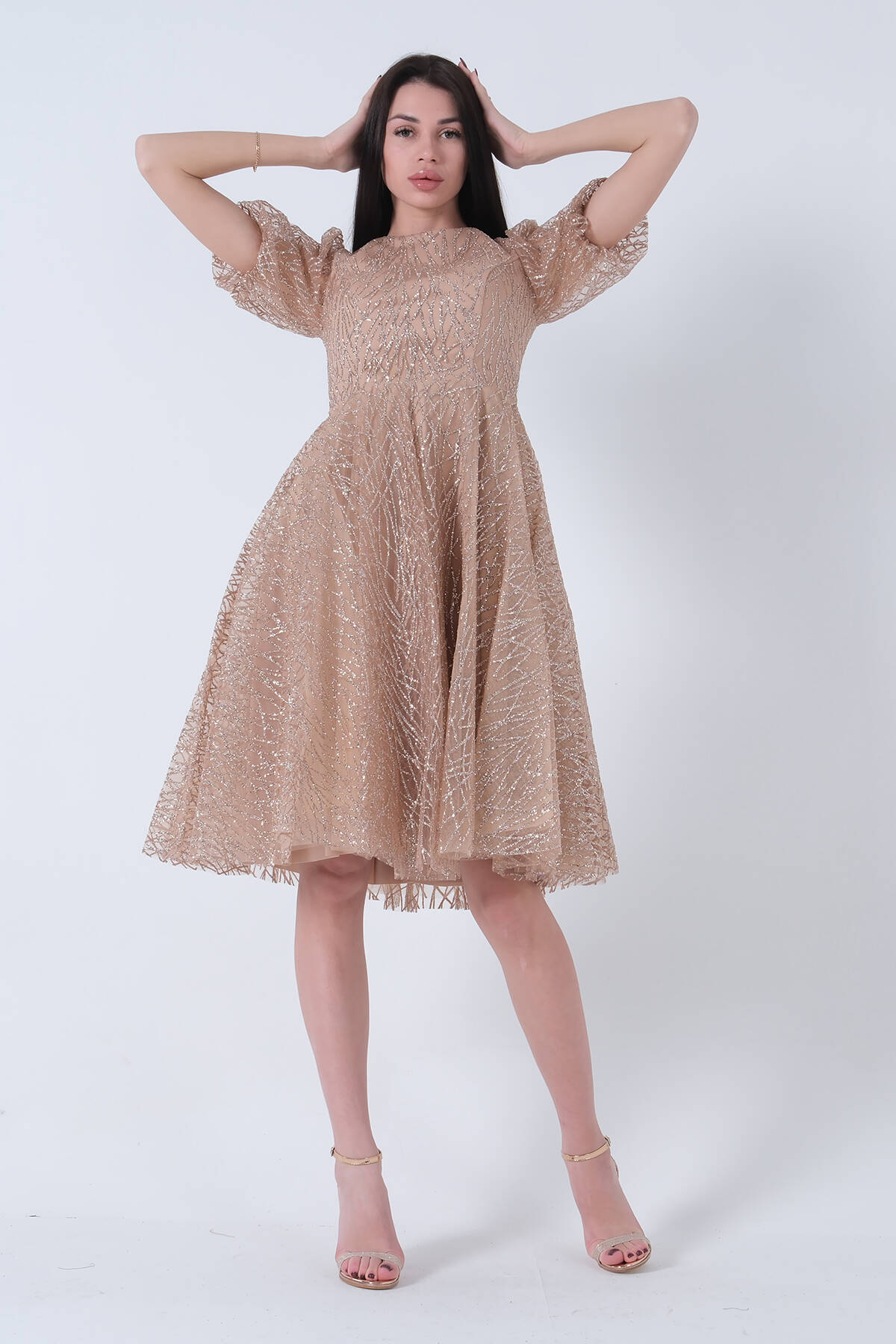 Gold Midi Boy Kısa Yuvarlak Yaka Simli Tül Abiye Elbise 6502459.122 - Ardanewline