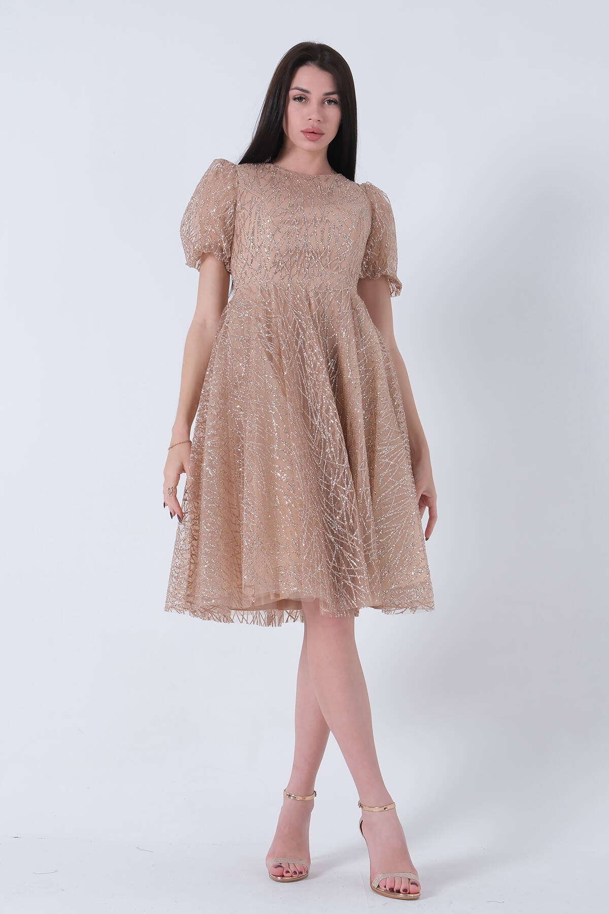 Gold Midi Boy Kısa Yuvarlak Yaka Simli Tül Abiye Elbise 6502459.122 - Ardanewline (1)