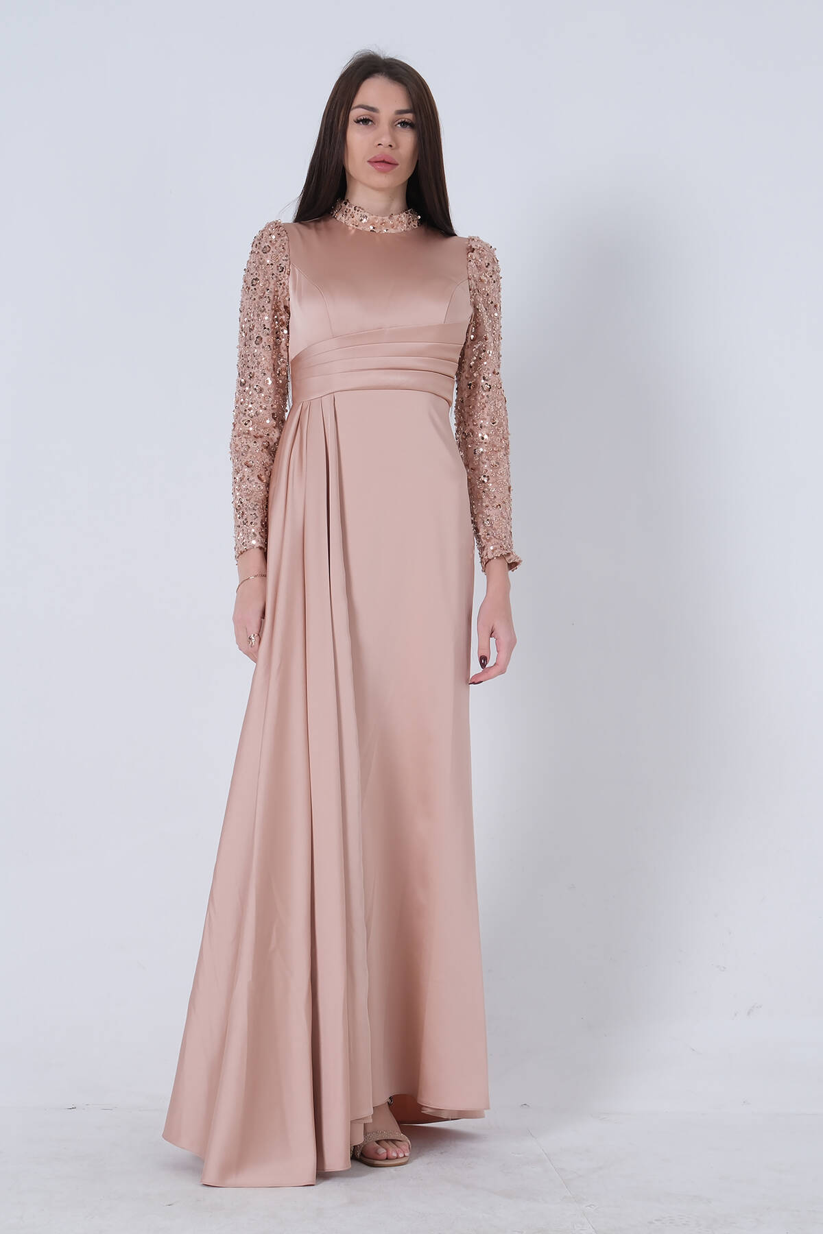 Gold Pul Boncuklu Saten Tesettür Abiye 6502473.122 - Ardanewline